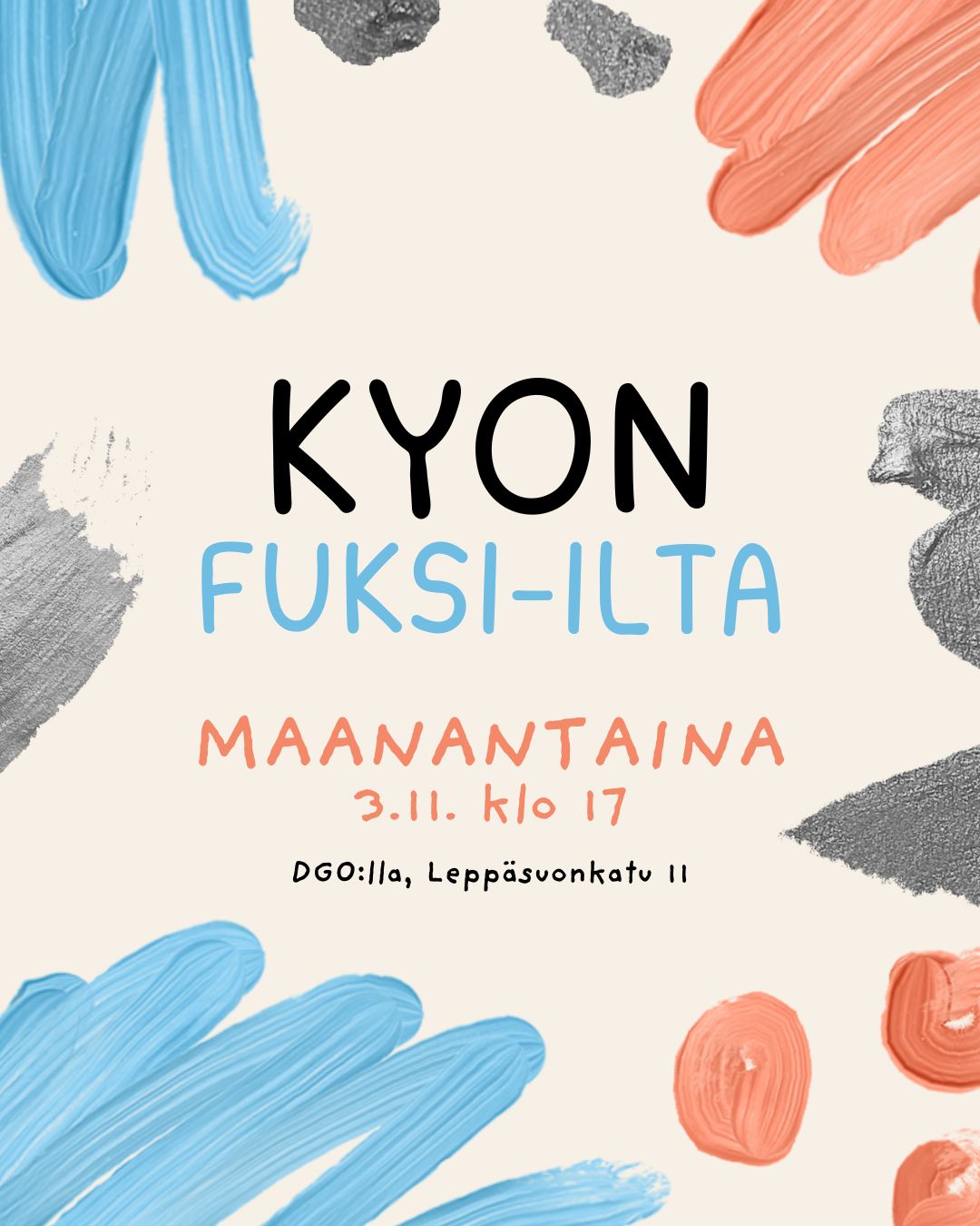 KyOn fuksi-ilta 🍷🎨

Tervetuloa KyOn fuksi-iltaan 3.11. klo 17 eteenpäin! Luvassa mm. viinilasien maalailua sekä fuksi-visa huikeine palkintoineen! 💫

Fuksi-illat ovat erinomainen mahdollisuus tutustua muihin osakuntafukseihin (ja mahdollisesti civiksiin eli vanhempiin osakuntalaisiin). Tapahtuma on ensisijaisesti suunnattu fukseille, mutta myös civikset ovat tervetulleita!

MITÄ? Fuksi-ilta viinilasien maalailun ja visailun merkeissä
MIS? DGO, Domus Gaudium (Leppäsuonkatu 11)
MILLO? ma 3.11. klo 17
PALJON MAKSAA? 0e 
MIKSI? Koska Osakunta ja fuksit 😎