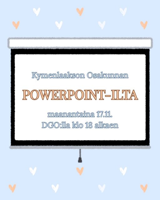 Tervetuloa Kymenlaakson Osakunnan Powerpoint-iltaan! 📣🪄

Kymenlaakson Osakunnan ensimmäinen Powerpoint-ilta on täällä! Osallistujat saavat iltaa varten valmistella mieleisensä, turvallisemman tilan periaatteita kunnioittavan Powerpoint-esityksen, jonka esittävät illan aikana muille paikallaolijoille. Esityksen aihe voi olla esimerkiksi selostus siitä, mikä on lempielokuvasi ja miksi, koirarodut, jotka muistuttavat ihmisiä, tai teoriasi jollekin ratkaisemattomalle mysteerille… Mahdollisuudet ovat (lähes) rajattomat! 

Varmistathan, ettei esityksesi kesto mahdollisine välikommentteineen ylitä kestoltaan kahdeksaa (8) minuuttia. Näin pidämme huolta siitä, että jokainen esityksen valmistellut pääsee esittelemään luomuksensa illan aikataulun rajoissa. 

Tarjolla on huikaisevien esitysten lisäksi pientä purtavaa. Tapahtuma on alkoholiton.

Alkoiko runosuoni kukkia tai visuaalinen silmä nykiä? Ilmoittaudu mukaan Powerpointtisi esittelijäksi lomakkeella! https://docs.google.com/forms/d/e/1FAIpQLSdYRvNTs7xkAJzeokcINOQdvoRNUprHXXIt3aTvq4R8_gFhAw/viewform?usp=publish-editor. Linkki löytyy myös Instagramin biosta!

Tiloihin on esteetön pääsy ja käytössä on esteetön wc. Tapahtumaan ilmoittautuessa sitoudut noudattamaan DGOn turvallisemman tilan periaatteita. Turvallisemman tilan periaatteet löydät bit.ly/kyottp.

MITÄ? Kymenlaakson Osakunnan Powerpoint-ilta
MISSÄ? Domus Gaudiumin osakuntatiloissa (Leppäsuonkatu 11)
MILLOIN? 17.11. klo 18.00 alkaen
MITÄ MAKSAA? Tämä on ilmaista!
MIKSI? Koska uudet asiat viehättävät

Mikäli sinulla on kysyttävää, ota yhteyttä toiminnanohjaajiin Millaan ja Venlaan
toiminnanohjaaja@kymenlaaksonosakunta.fi