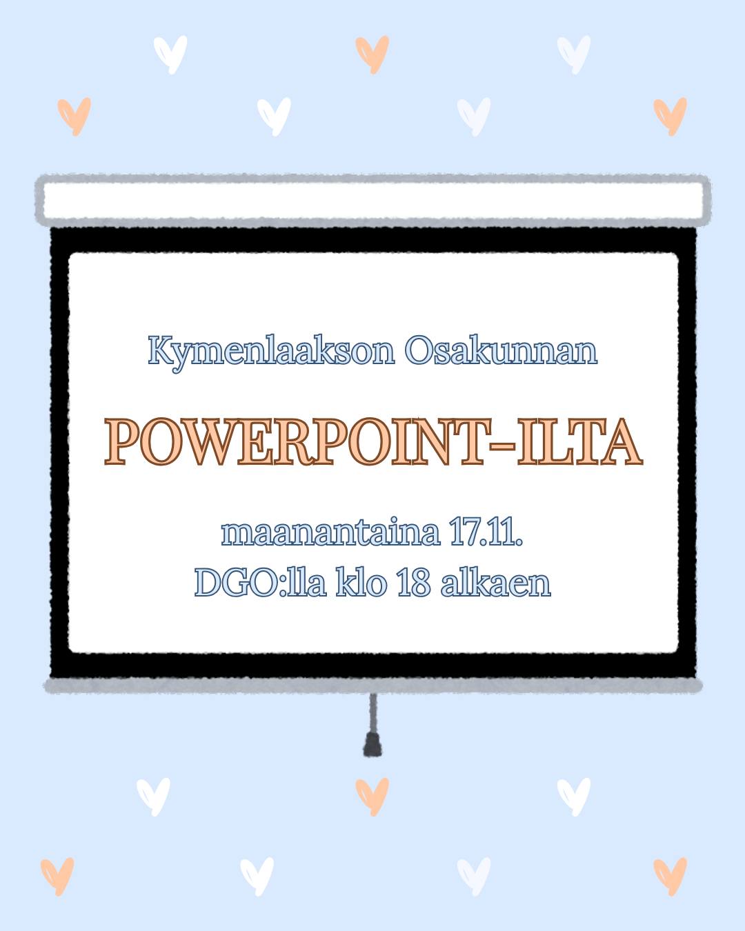 Tervetuloa Kymenlaakson Osakunnan Powerpoint-iltaan! 📣🪄

Kymenlaakson Osakunnan ensimmäinen Powerpoint-ilta on täällä! Osallistujat saavat iltaa varten valmistella mieleisensä, turvallisemman tilan periaatteita kunnioittavan Powerpoint-esityksen, jonka esittävät illan aikana muille paikallaolijoille. Esityksen aihe voi olla esimerkiksi selostus siitä, mikä on lempielokuvasi ja miksi, koirarodut, jotka muistuttavat ihmisiä, tai teoriasi jollekin ratkaisemattomalle mysteerille… Mahdollisuudet ovat (lähes) rajattomat! 

Varmistathan, ettei esityksesi kesto mahdollisine välikommentteineen ylitä kestoltaan kahdeksaa (8) minuuttia. Näin pidämme huolta siitä, että jokainen esityksen valmistellut pääsee esittelemään luomuksensa illan aikataulun rajoissa. 

Tarjolla on huikaisevien esitysten lisäksi pientä purtavaa. Tapahtuma on alkoholiton.

Alkoiko runosuoni kukkia tai visuaalinen silmä nykiä? Ilmoittaudu mukaan Powerpointtisi esittelijäksi lomakkeella! https://docs.google.com/forms/d/e/1FAIpQLSdYRvNTs7xkAJzeokcINOQdvoRNUprHXXIt3aTvq4R8_gFhAw/viewform?usp=publish-editor. Linkki löytyy myös Instagramin biosta!

Tiloihin on esteetön pääsy ja käytössä on esteetön wc. Tapahtumaan ilmoittautuessa sitoudut noudattamaan DGOn turvallisemman tilan periaatteita. Turvallisemman tilan periaatteet löydät bit.ly/kyottp.

MITÄ? Kymenlaakson Osakunnan Powerpoint-ilta
MISSÄ? Domus Gaudiumin osakuntatiloissa (Leppäsuonkatu 11)
MILLOIN? 17.11. klo 18.00 alkaen
MITÄ MAKSAA? Tämä on ilmaista!
MIKSI? Koska uudet asiat viehättävät

Mikäli sinulla on kysyttävää, ota yhteyttä toiminnanohjaajiin Millaan ja Venlaan
toiminnanohjaaja@kymenlaaksonosakunta.fi