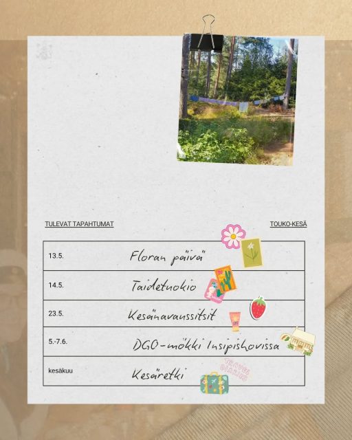 Täältä löydät seuraavien kuukausien tapahtumat koostettuna. Kesäretken ajankohta tarkentuu myös myöhemmin 😊