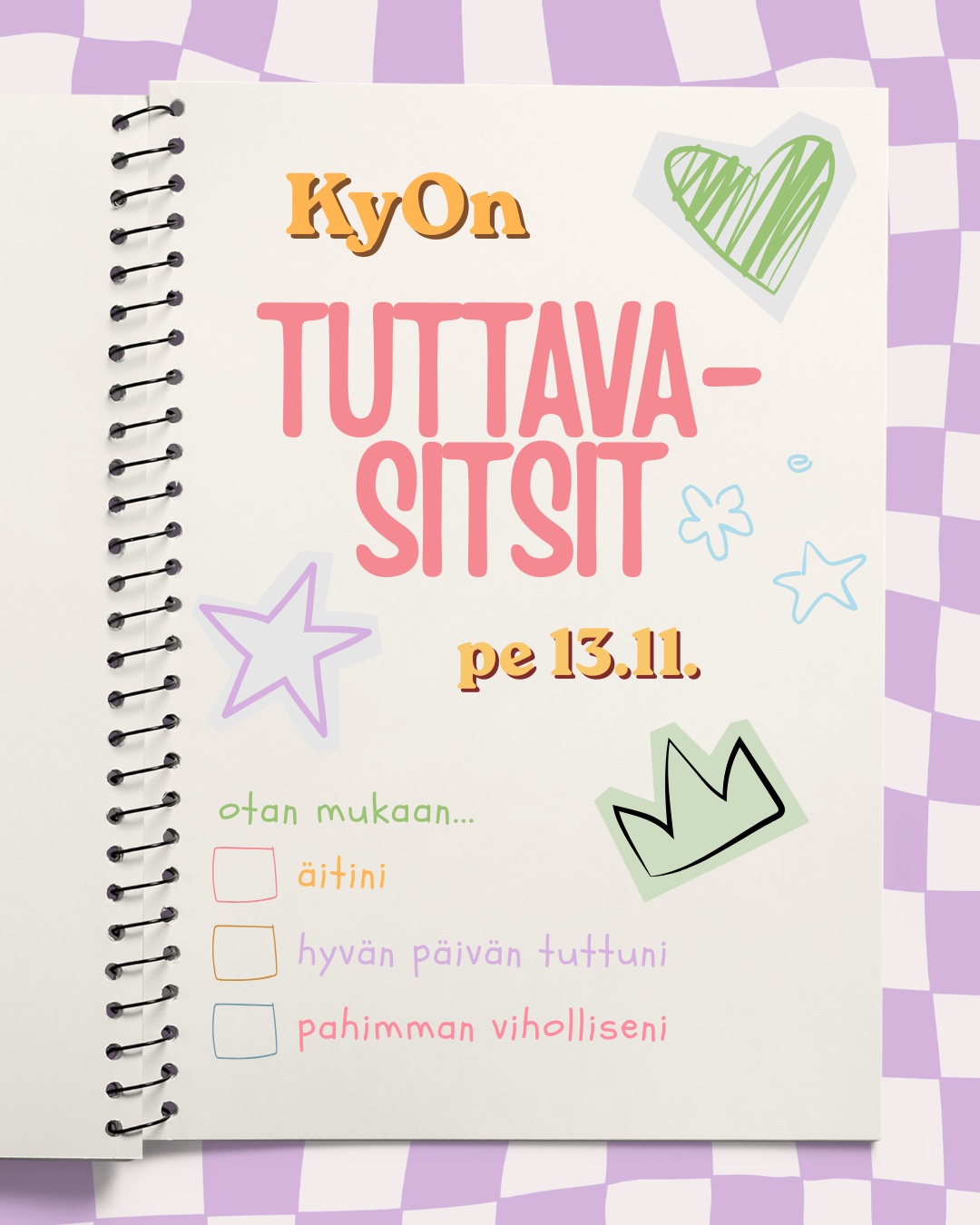 Kymenlaakson Osakunta toivottaa sinut ja tuttavasi mitä tuttavallisimin tunnelmin tervetulleeksi tuttavasitseille Casa Academican osakuntatiloihin perjantaina 13.11.!

Tuttavaksi lasketaan kuka tahansa, kenet tunnet. Oli se sitten sydänystäväsi, serkkusi kaima, alakerran naapuri tai isomummosi, ota hänet mukaan sitseille! Toisin kuin kaverisitseille, tänne voit täten ottaa mukaan myös pahimman arkkivihollisesi. Olet ehdottomasti tervetullut sitseille myös ilman tuttavaa! Olethan kuitenkin itsesi tutuin tuttava, ja näiltä sitseiltä vasta uusia tuttavuuksia löytyy.

Juhlat aloitetaan klo 18 cocktailtilaisuudella ja sitsipöytään siirrymme klo 18.30. Mikäli et ole ennen sitsannut, ei huolta, näillä juhlilla opetetaan sitsaamisen saloihin. Tuttavasitsien pukukoodina on kuuluisat kaksikot, eli pukeudu tuttavasi kanssa mielestäsi tunnetuksi duoksi. Luovuus on sallittua ja suositeltavaa! 

Ilmoittautuminen alkaa torstaina 22.10. klo 12 ja päättyy perjantaina 6.11. klo 23.59, jolloin ilmoittautuminen muuttuu sitovaksi. Huomaathan, että myös tuttavien on ilmoittauduttava erikseen. Löydät ilmoittautumislomakkeen tarkempine tapahtumainfoineen Instagramin biosta.

Tuuthan siäki sitsaamaan meiän ja tuttavien kaa!

MITÄ? Kymenlaakson Osakunnan tuttavasitsit

MISSÄ? Casa Academican osakuntatiloissa (Perhonkatu 6, 5. kerros)

MILLOIN? perjantaina 13.11. kello 18

MITÄ MAKSAA? KyOn fukseille ja heidän tuttavilleen 12 €, KyOn civiksille ja heidän tuttavilleen 16 €, KyOn senioreille, edustajille ja heidän tuttavilleen 18 €. Hinta on per henkilö, eli jokainen osallistuja maksaa oman osallistumismaksunsa.

MITÄ PÄÄLLE? Pukeudu kuuluisaksi kaksikoksi tuttavasi kanssa, tai smart casual

MIKSI? Tuttavallisiin tuttaviin tutustuminen tuttuakin tutummassa tutustumispaikassa <3